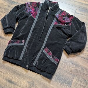 Current Seen Vintage Stylish Black Bomber Jacket Pink Floral Accents Size Medium